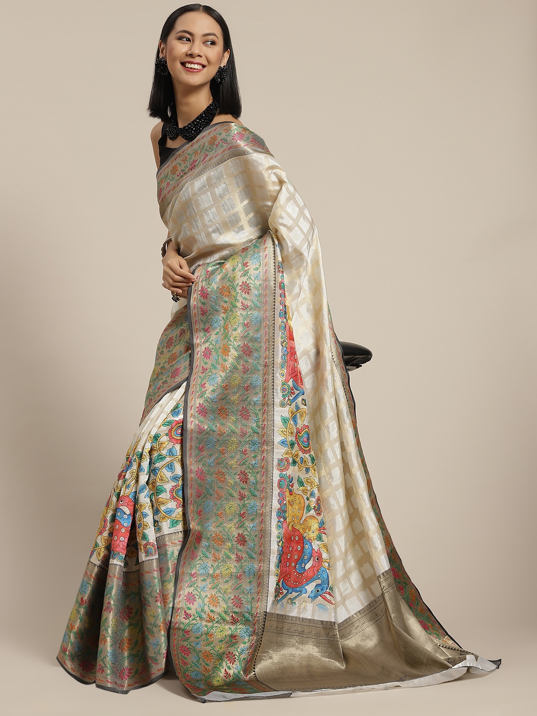 

Silk Land Off White & Blue Checked Zari Kanjeevaram Saree