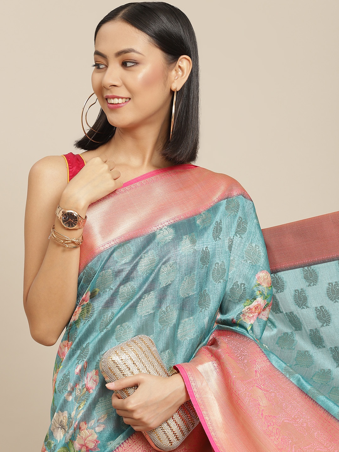 

Silk Land Blue & Pink Floral Zari Kanjeevaram Saree