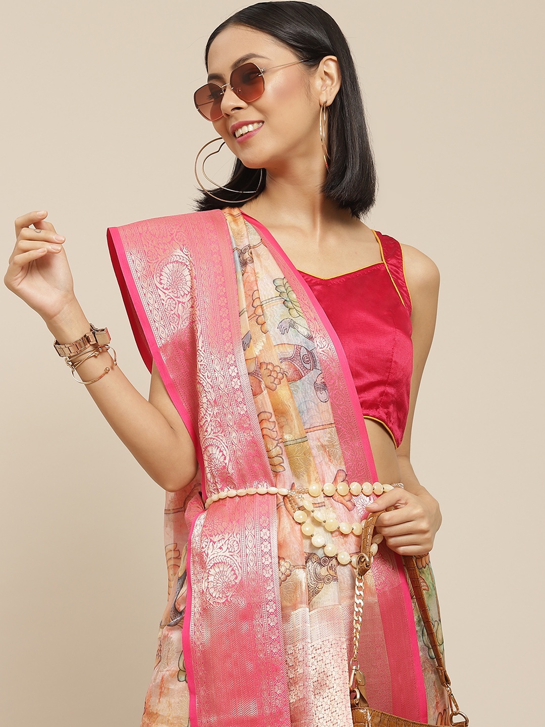 

Silk Land Ethnic Motifs Kanjeevaram Silk Woven With Digital Print Saree, Beige