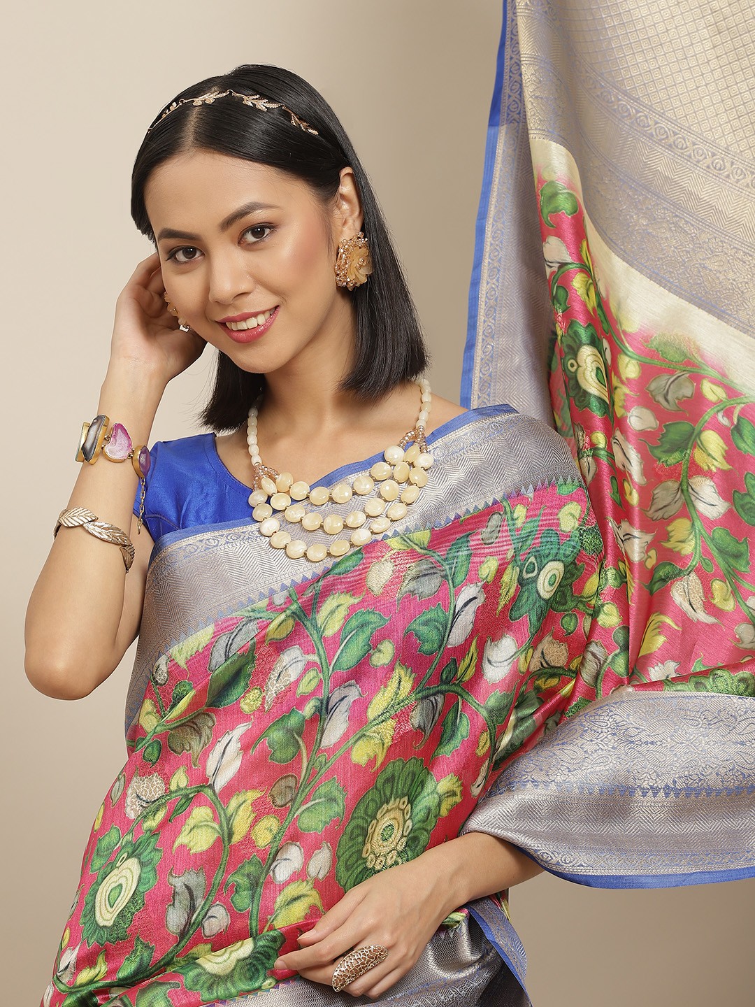 

Silk Land Woven Ethnic Motifs Kanjeevaram Silk Digital Print Saree, Pink