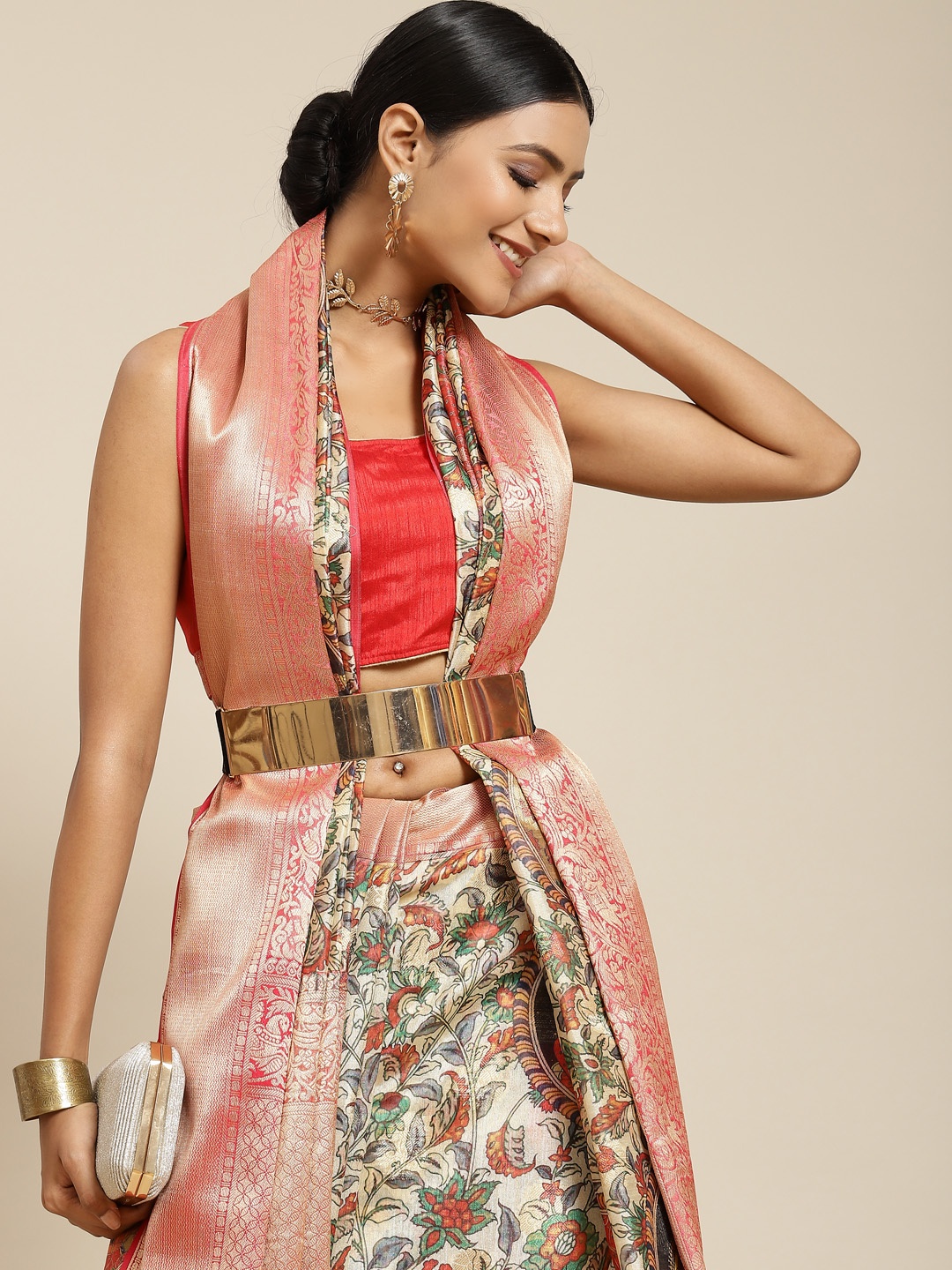 

Silk Land Beige & Red Ethnic Motifs Zari Kanjeevaram Saree
