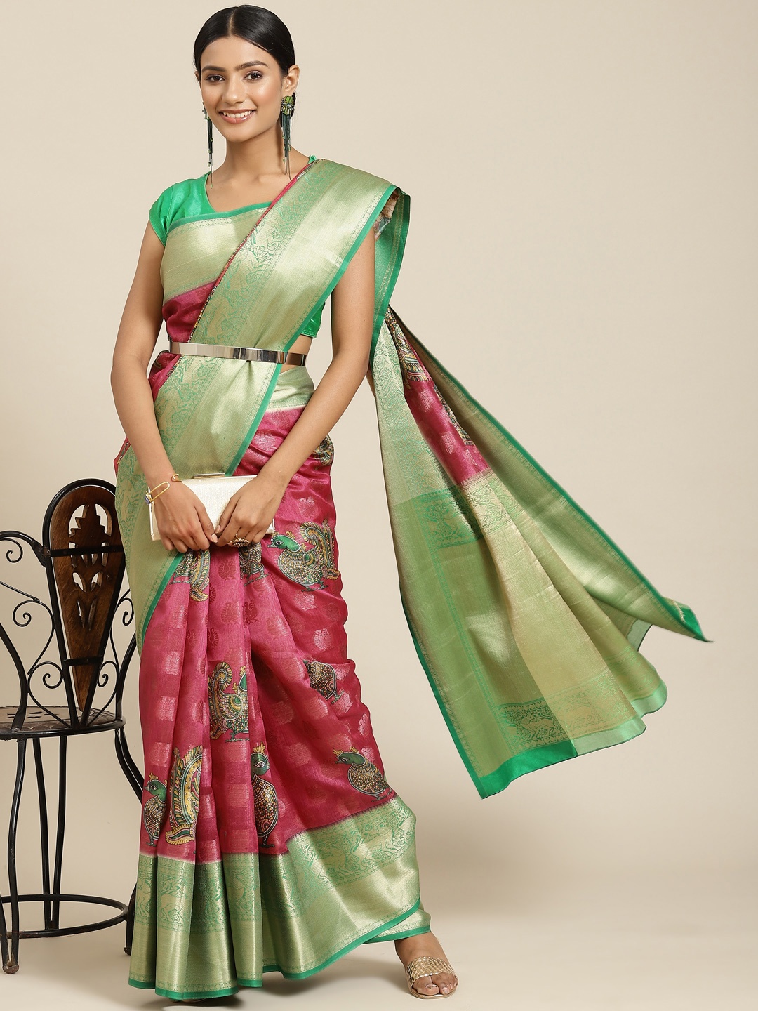 

Silk Land Pink & Green Woven Design Zari Kanjeevaram Saree