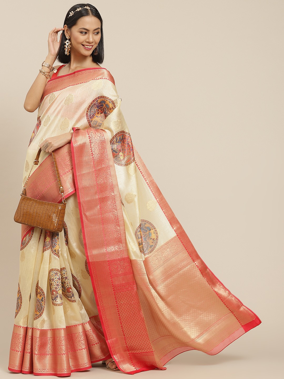 

Silk Land Woven Design Banarasi Silk Digital Print Saree, Beige