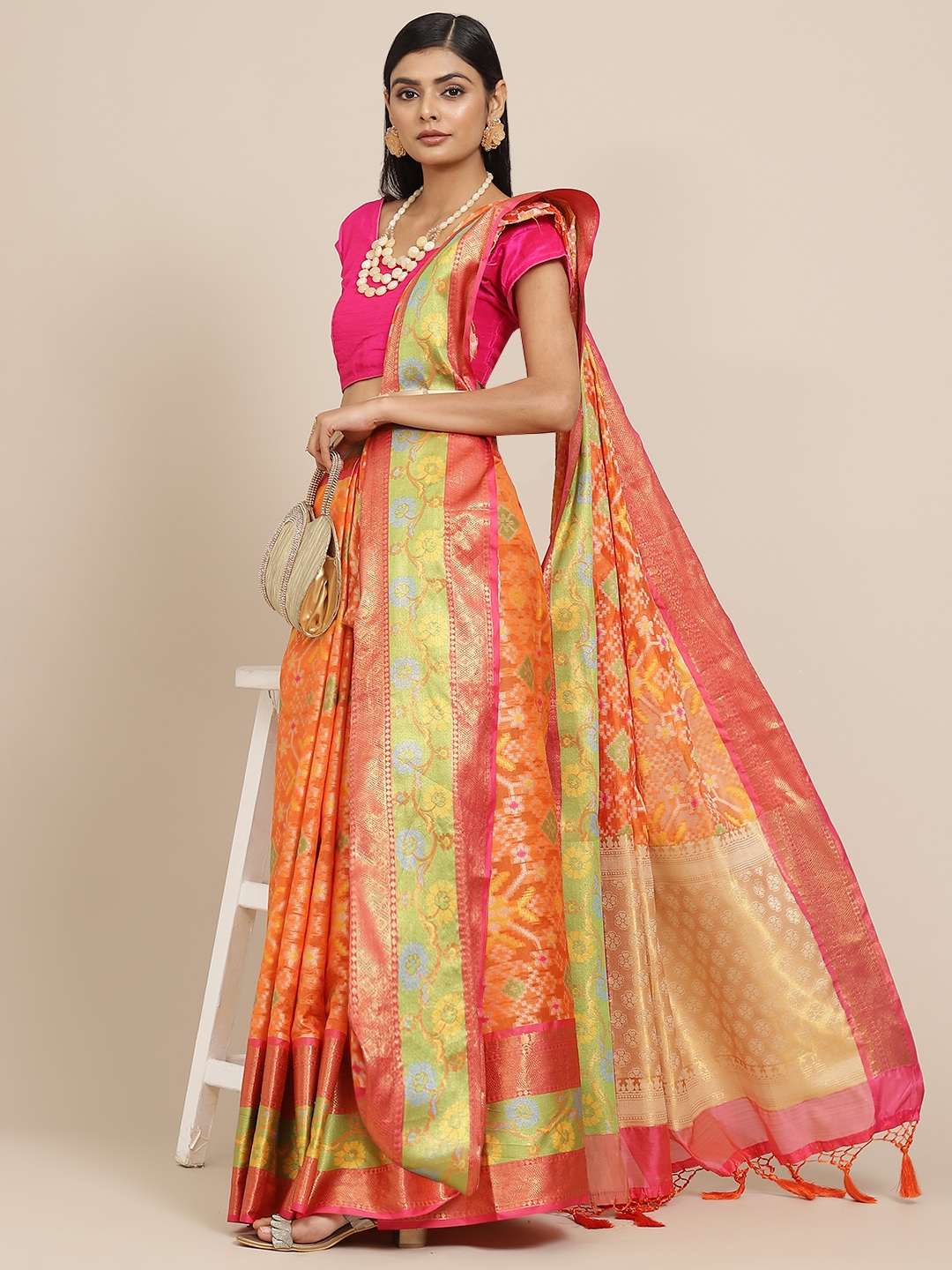 

Silk Land Orange Ethnic Motifs Pochampally Saree