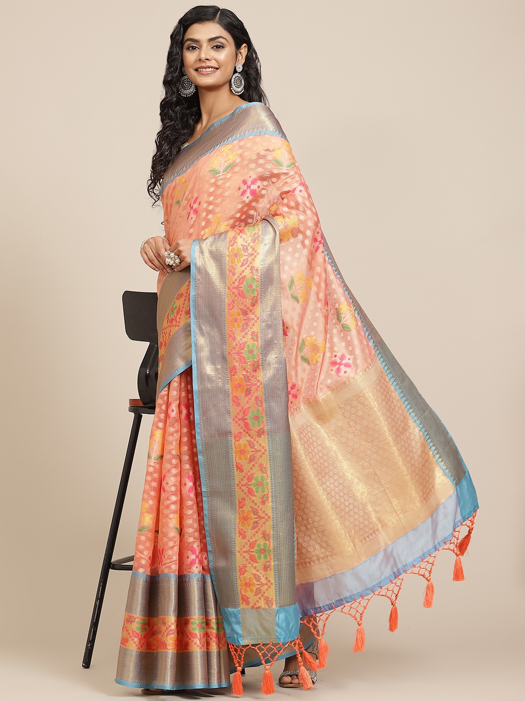 

Silk Land Peach-Coloured Woven Design Pochampally Saree