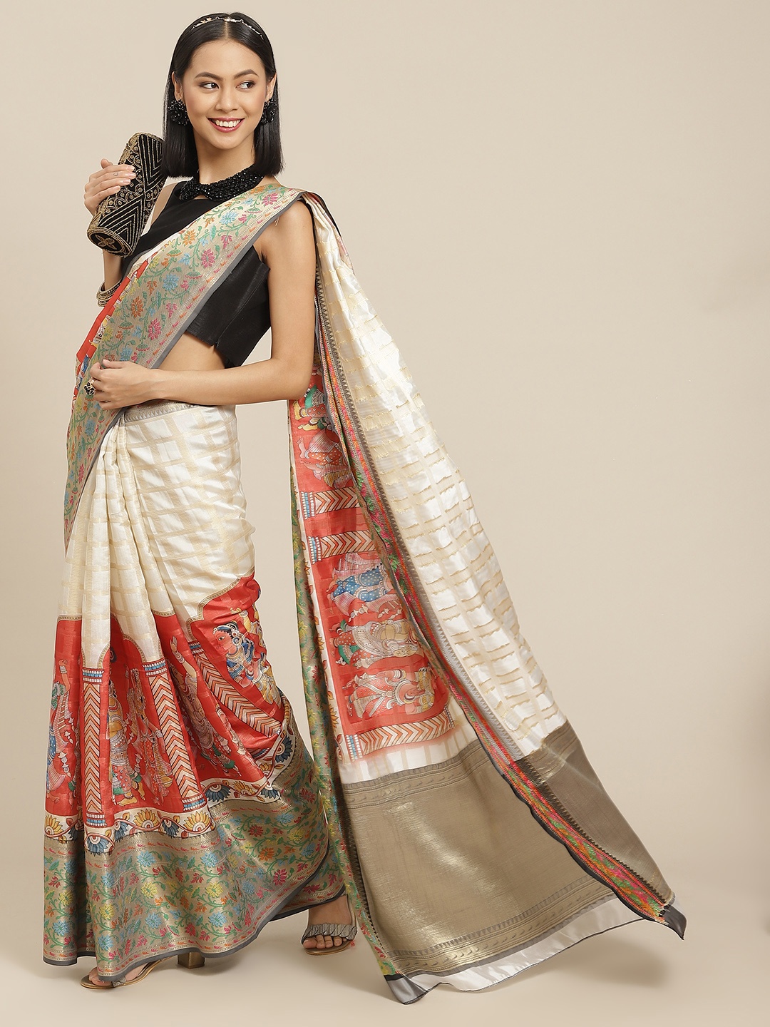 

Silk Land Off White & Red Checked Zari Kanjeevaram Saree