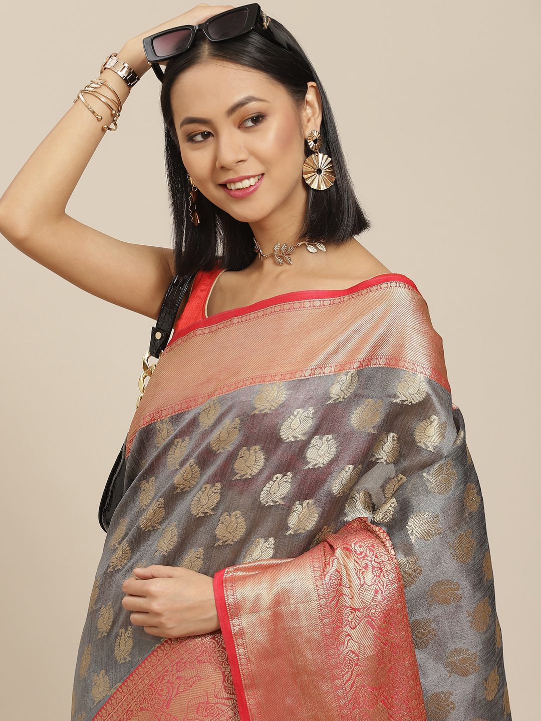 

Silk Land Grey & Red Woven Design Zari Kanjeevaram Saree