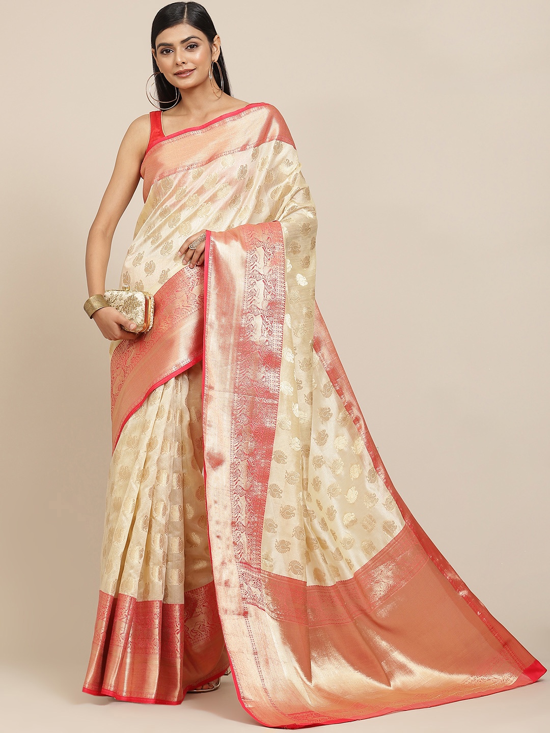 

Silk Land Off White Ethnic Motifs Zari Kanjeevaram Saree