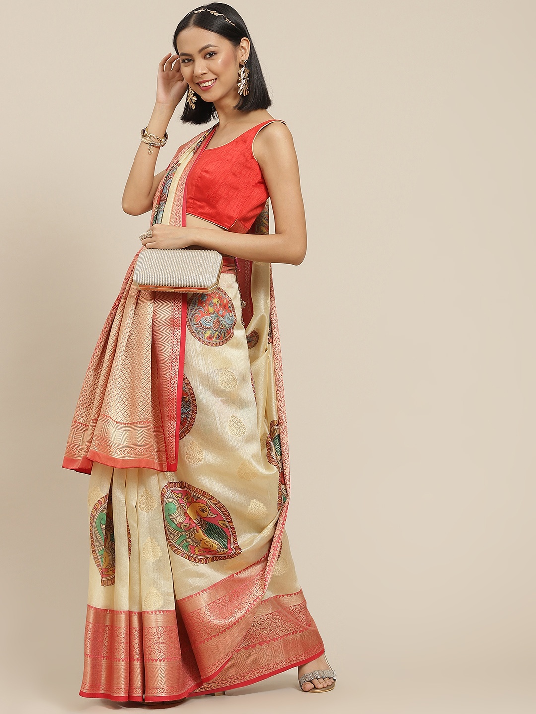 

Silk Land Beige & Red Woven Design Zari Banarasi Saree