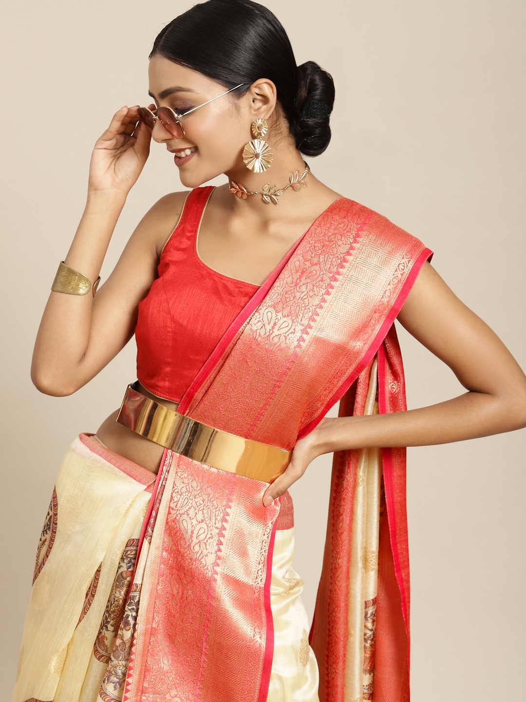 

Silk Land Beige & Red Woven Design Zari Banarasi Saree