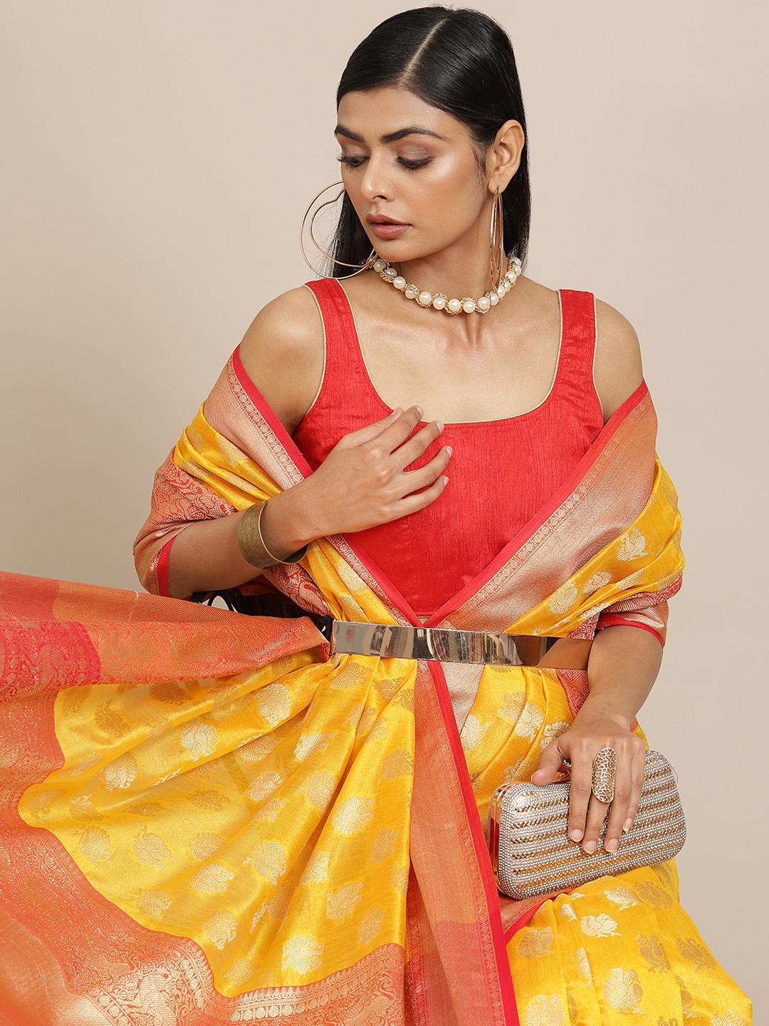 

Silk Land Yellow Ethnic Motifs Zari Kanjeevaram Saree