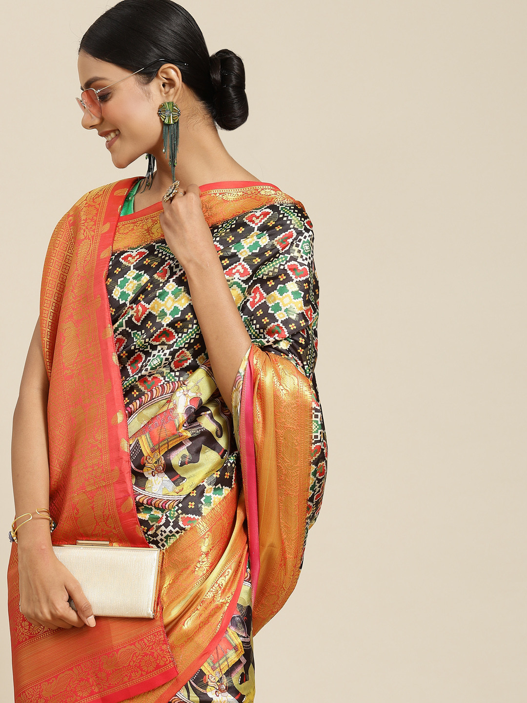 

Silk Land Orange & Black Kalamkari Zari Pure Silk Banarasi Saree
