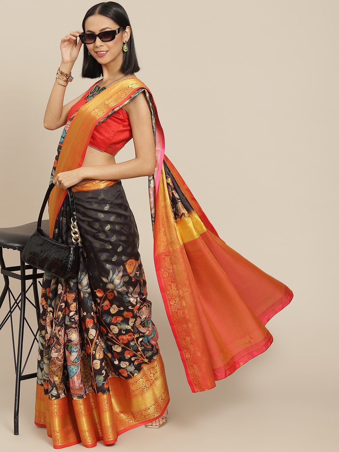 

Silk Land Black & Red Ethnic Motifs Zari Banarasi Saree
