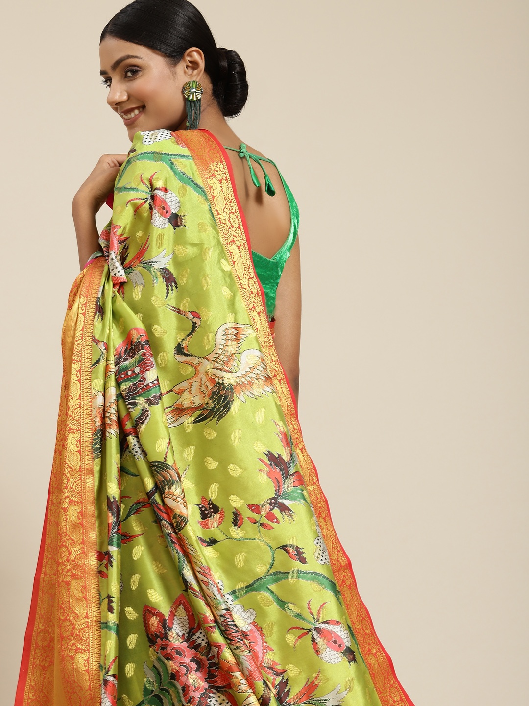 

Silk Land Green & Red Ethnic Motifs Zari Banarasi Saree