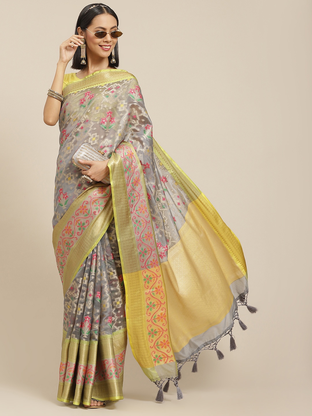

Silk Land Grey & Pink Ethnic Motifs Ikat Saree