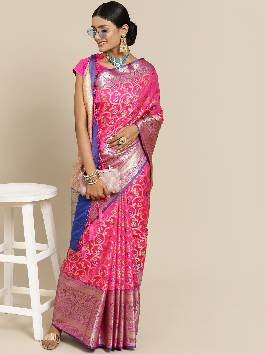 

Silk Land Pink & Blue Ethnic Motifs Pochampally Saree