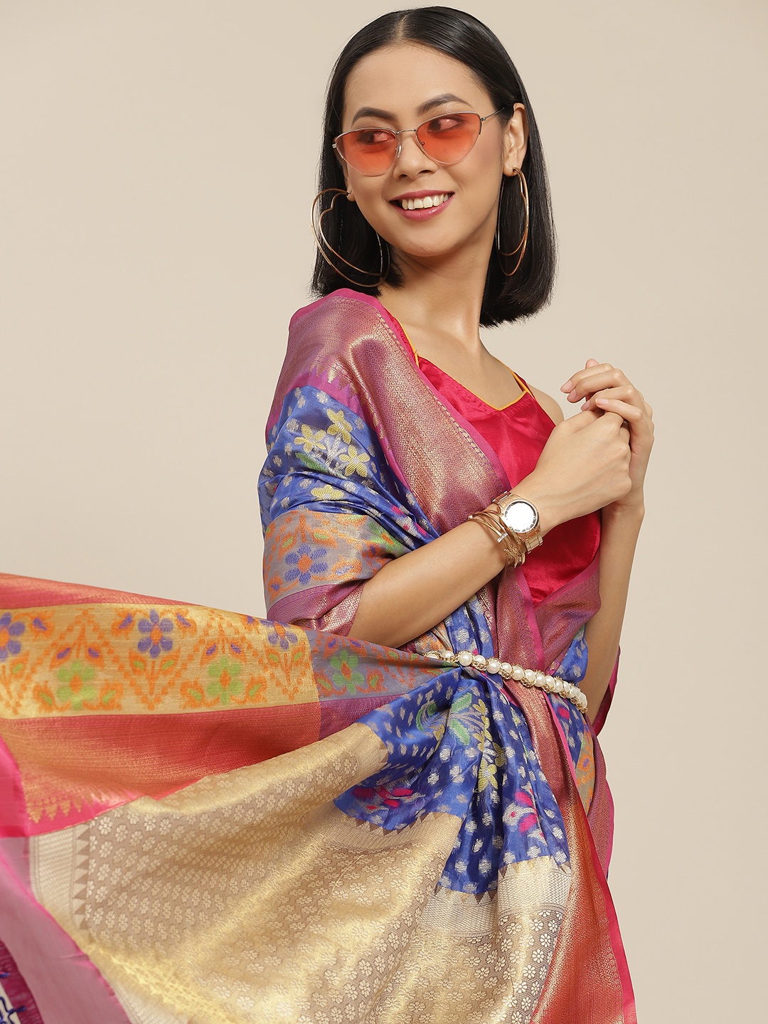 

Silk Land Blue & Fuchsia Floral Pochampally Saree