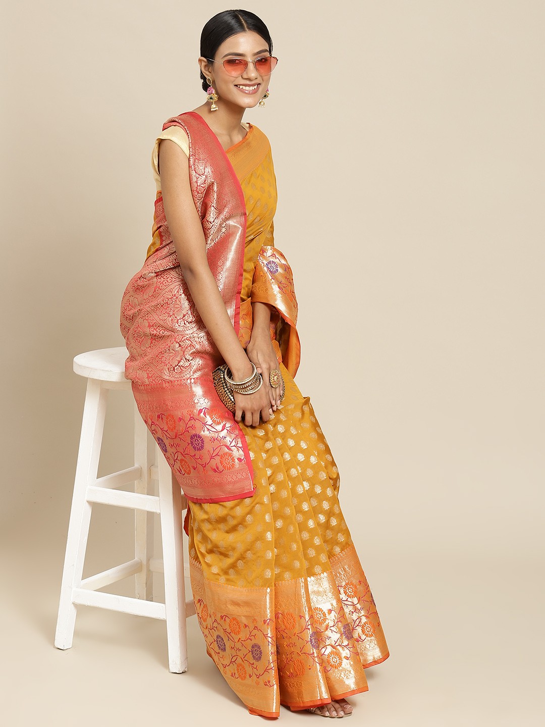

Silk Land Mustard & Pink Ethnic Motifs Zari Kanjeevaram Saree