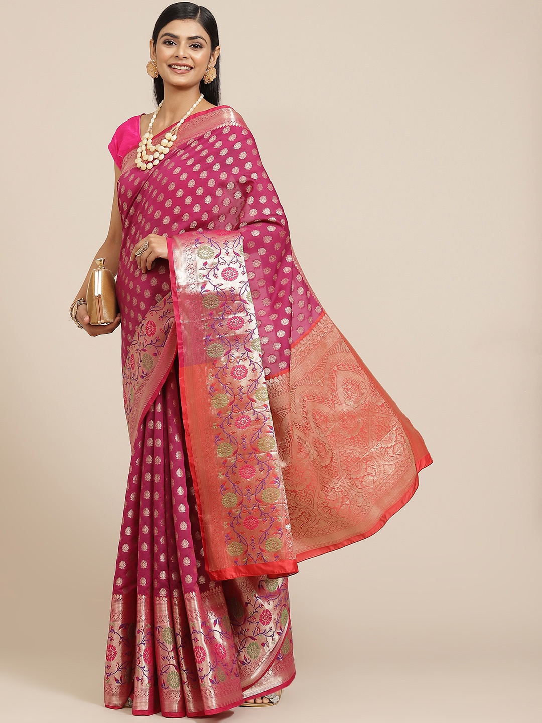 

Silk Land Magenta & Gold-Toned Ethnic Motifs Zari Kanjeevaram Saree