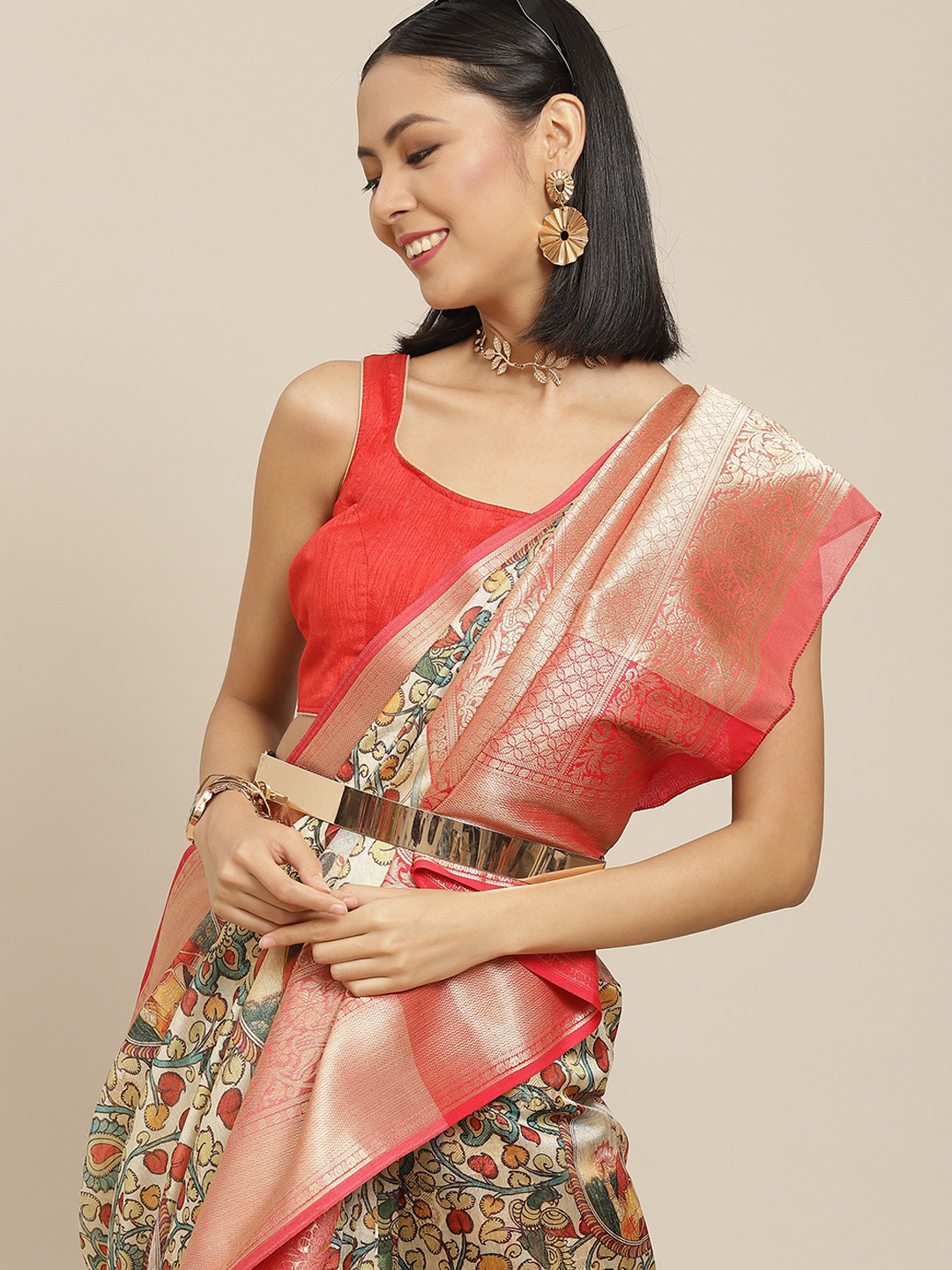 

Silk Land Beige & Red Ethnic Motifs Zari Kanjeevaram Saree
