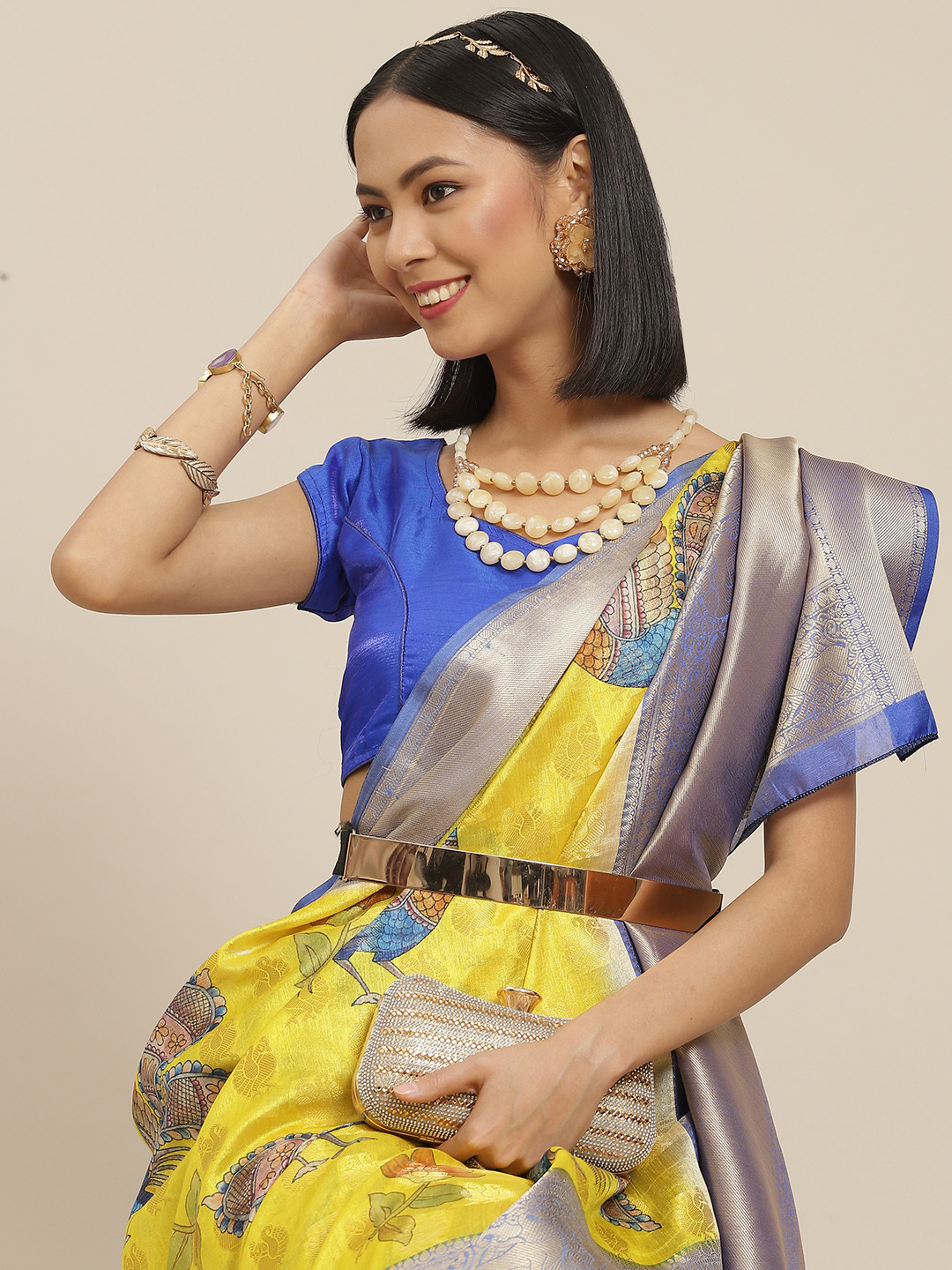 

Silk Land Yellow & Blue Woven Design Zari Kanjeevaram Saree