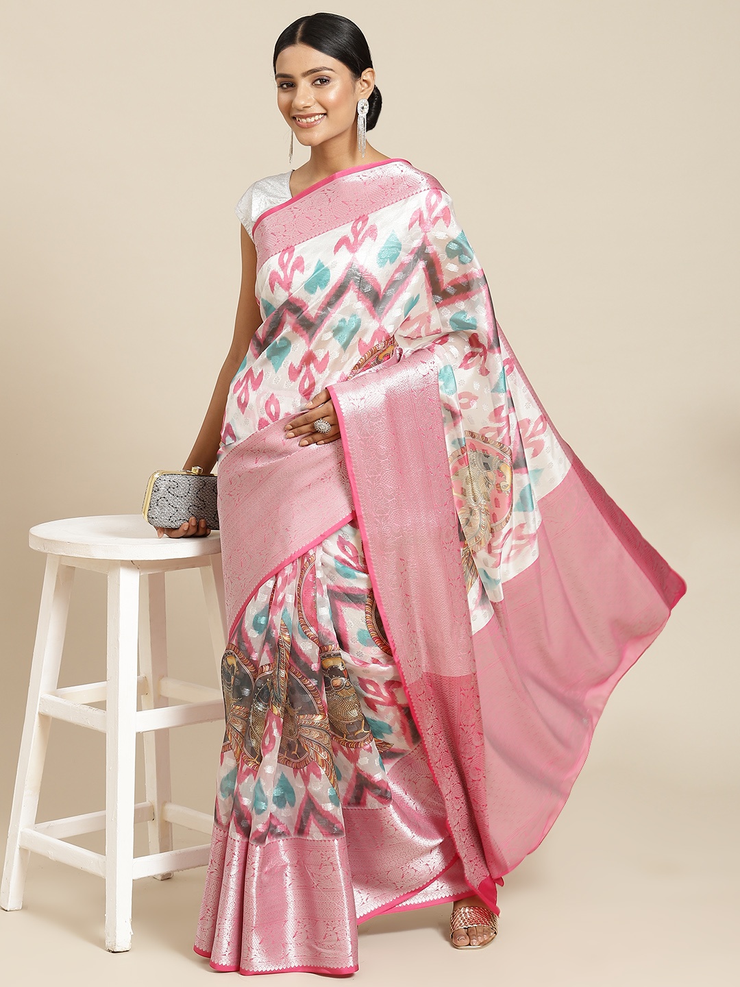 

Silk Land White & Pink Ethnic Motifs Zari Kanjeevaram Saree