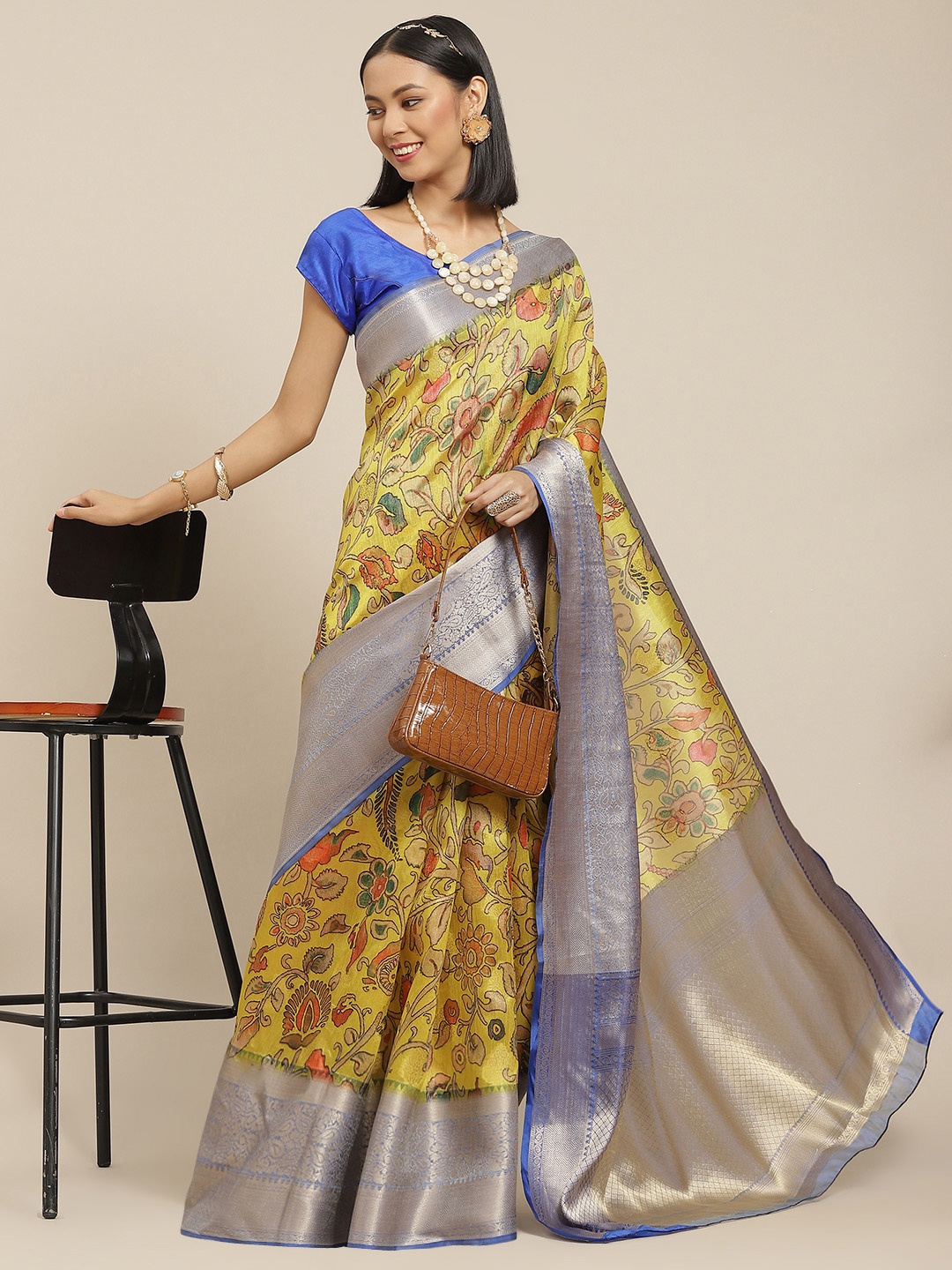 

Silk Land Yellow & Blue Ethnic Motifs Zari Kanjeevaram Saree