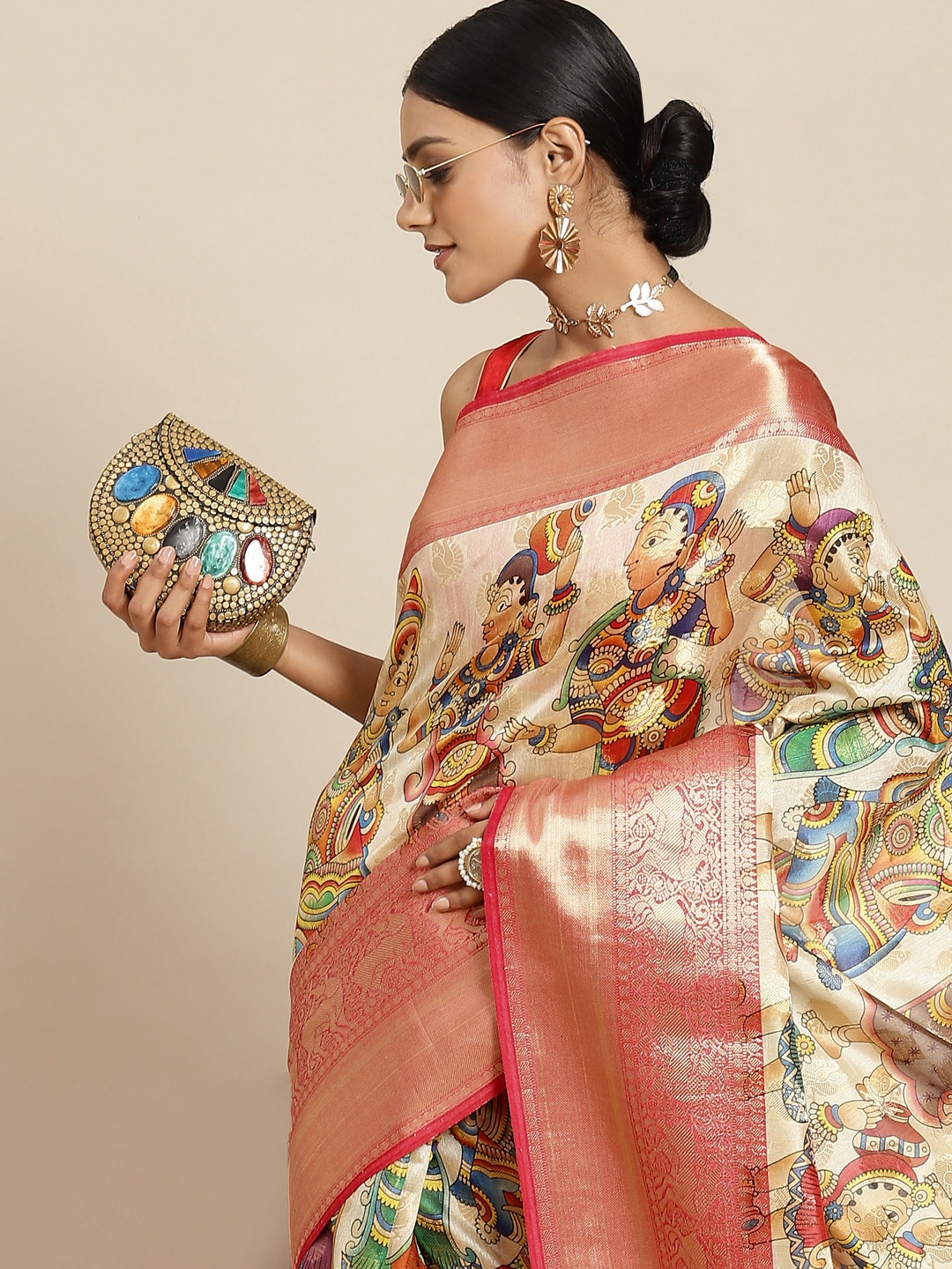 

Silk Land Beige & Red Woven Design Zari Kanjeevaram Saree