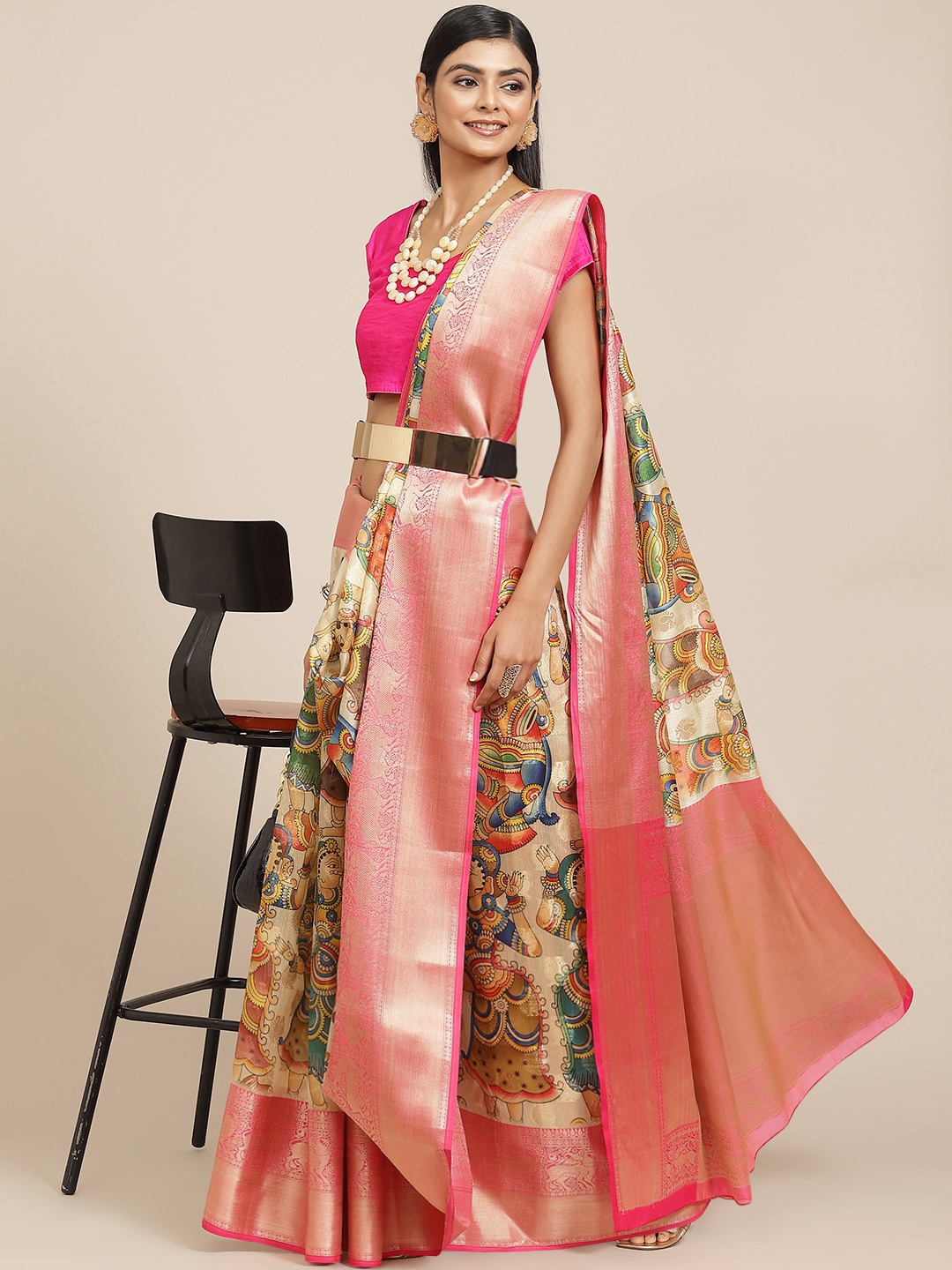 

Silk Land Beige & Pink Ethnic Motifs Zari Kanjeevaram Saree