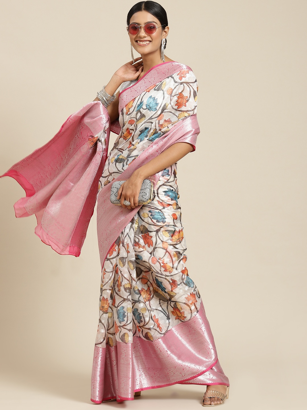 

Silk Land White & Pink Ethnic Motifs Zari Kanjeevaram Saree