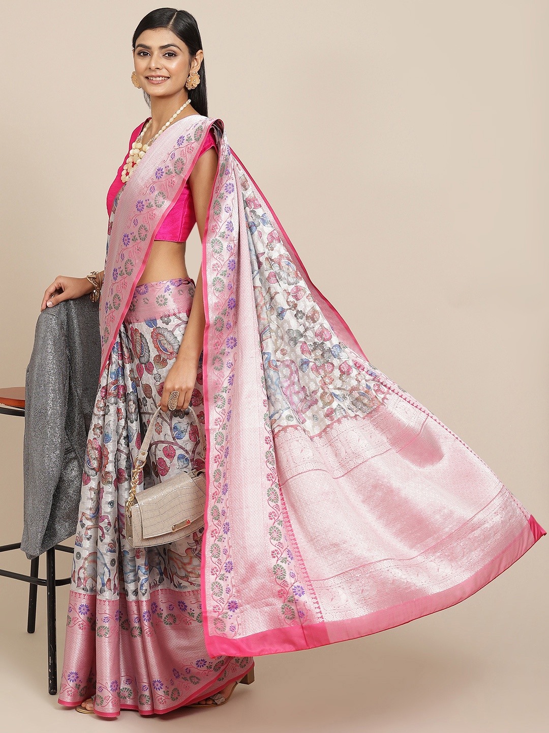 

Silk Land White & Blue Ethnic Motifs Zari Kanjeevaram Saree