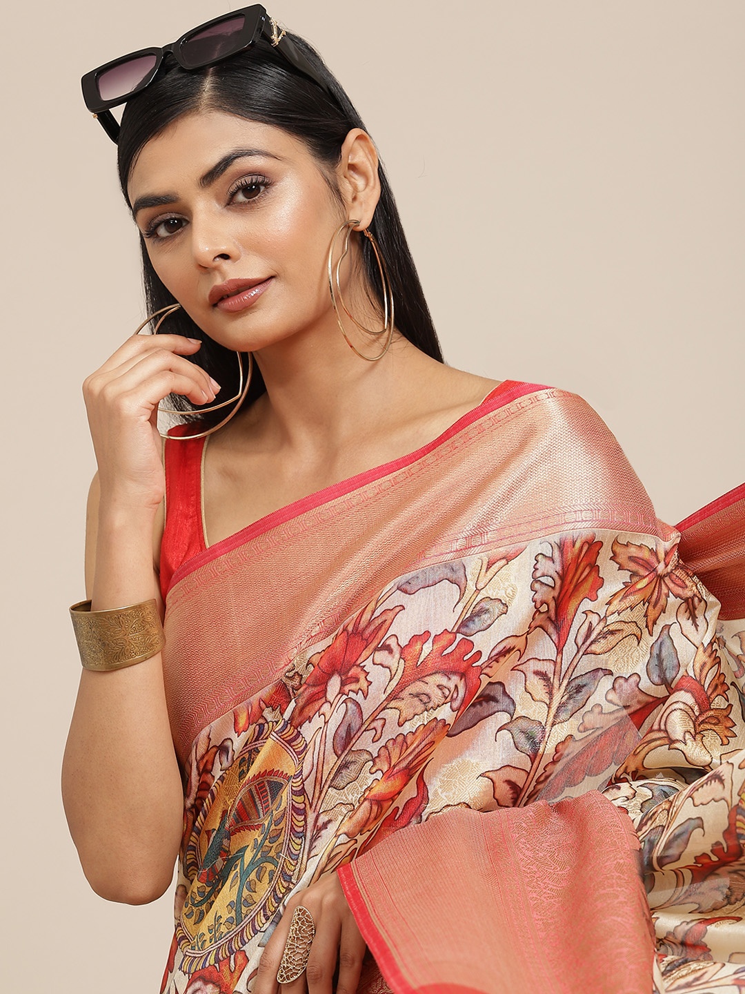 

Silk Land Beige & Red Ethnic Motifs Zari Kanjeevaram Saree