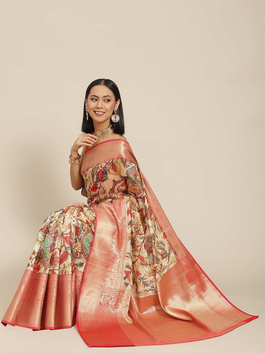 

Silk Land Beige & Red Ethnic Motifs Zari Kanjeevaram Saree