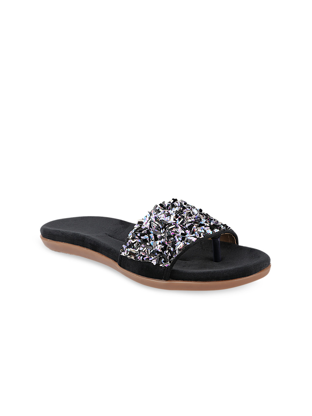 

THE WHITE POLE Women Black Embellished Leather Ethnic Open Toe Flats