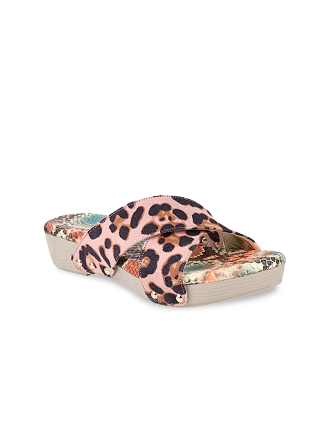 

THE WHITE POLE Women Pink Printed Leather Ethnic Open Toe Flats with Laser Cuts