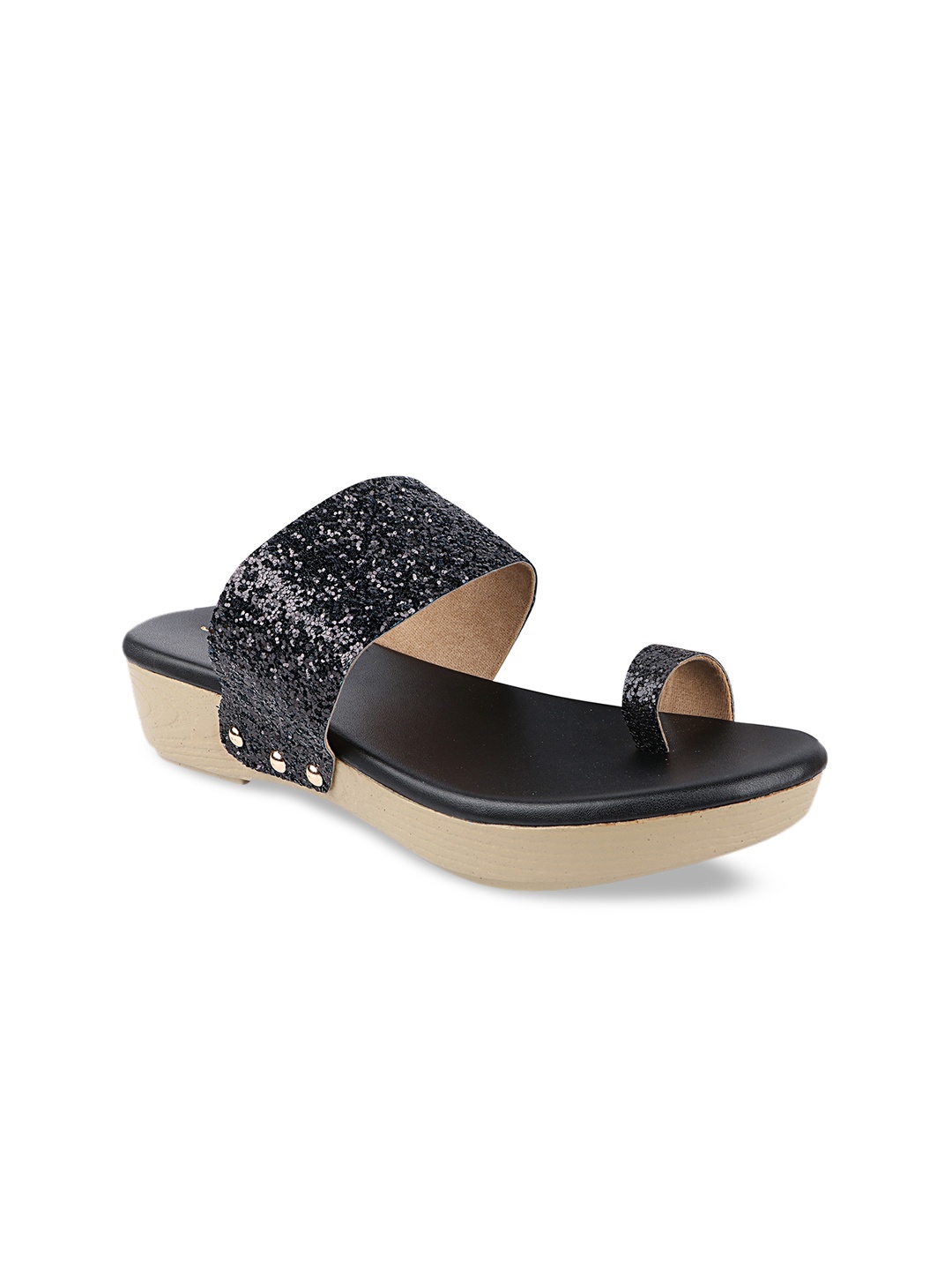 

THE WHITE POLE Women Black Embellished Leather Ethnic One Toe Flats