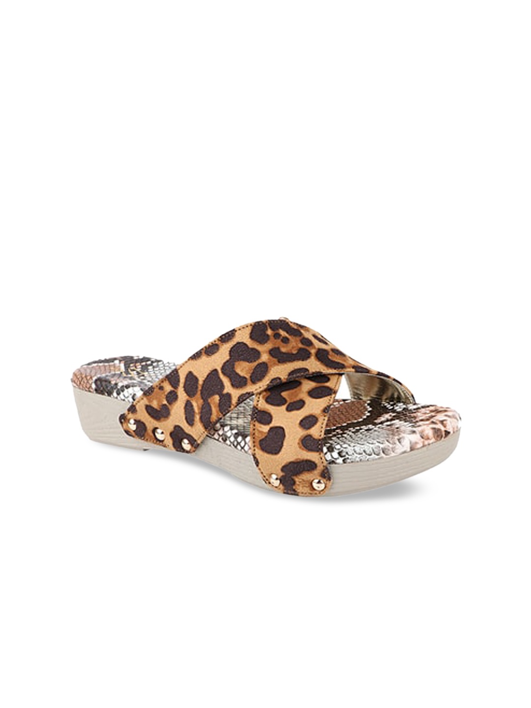 

THE WHITE POLE Women Brown Printed Leather Ethnic Open Toe Flats with Bows