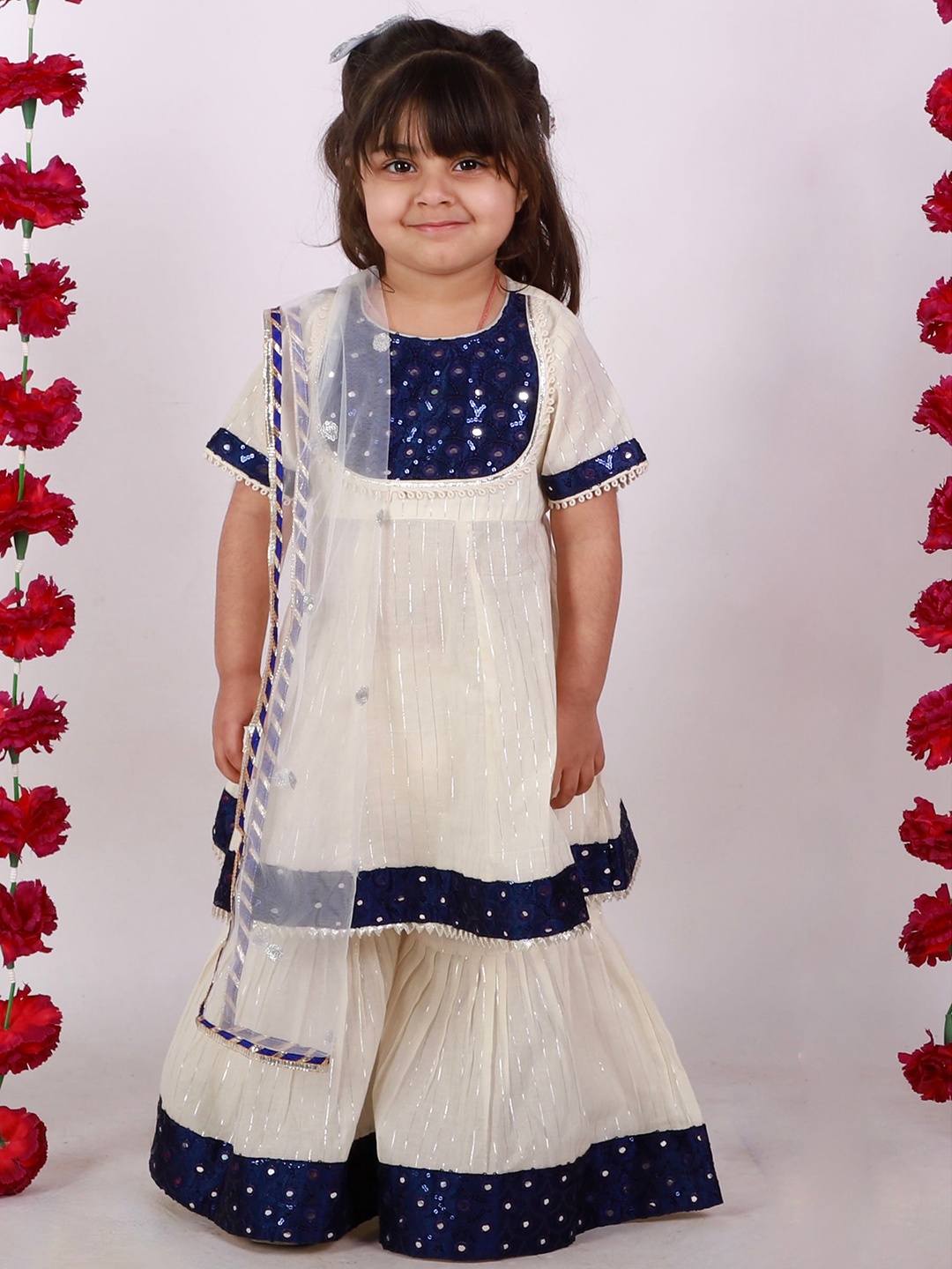 

Little Bansi Girls Cream-Coloured Ethnic Motifs Pure Cotton Kurta with Sharara & Dupatta