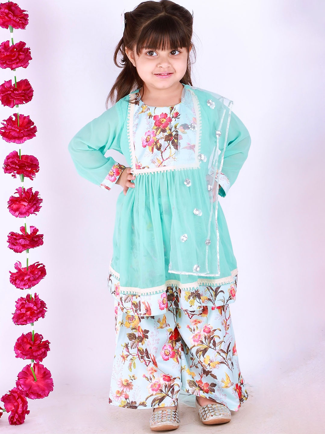 

Little Bansi Girls Blue Floral Embroidered Top with Sharara & With Dupatta