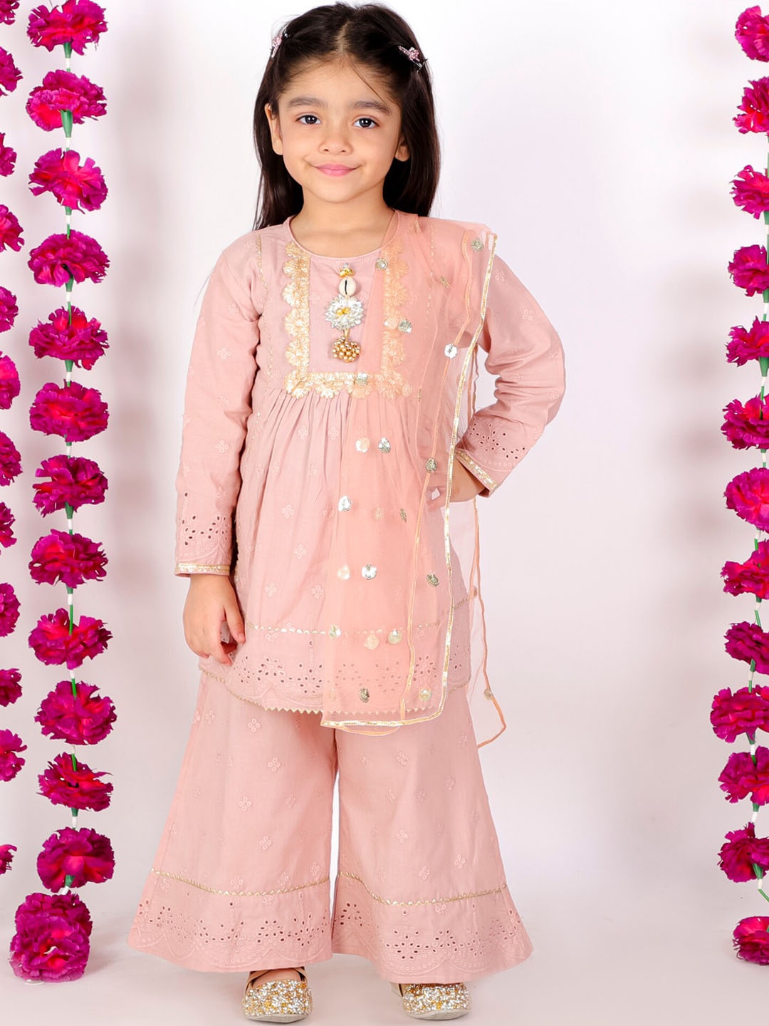 

Little Bansi Girls Brown Printed Pure Cotton Kurta with Churidar & With Dupatta