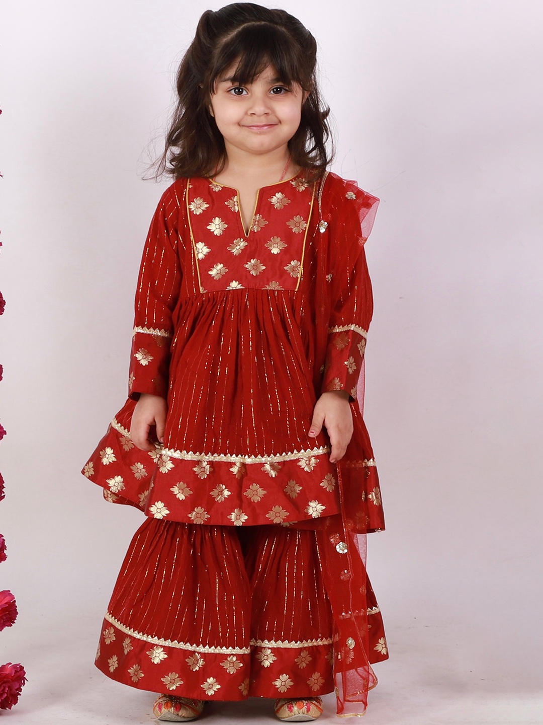 

Little Bansi Girls Maroon Brocade Pure Cotton Kurta with Sharara & Dupatta
