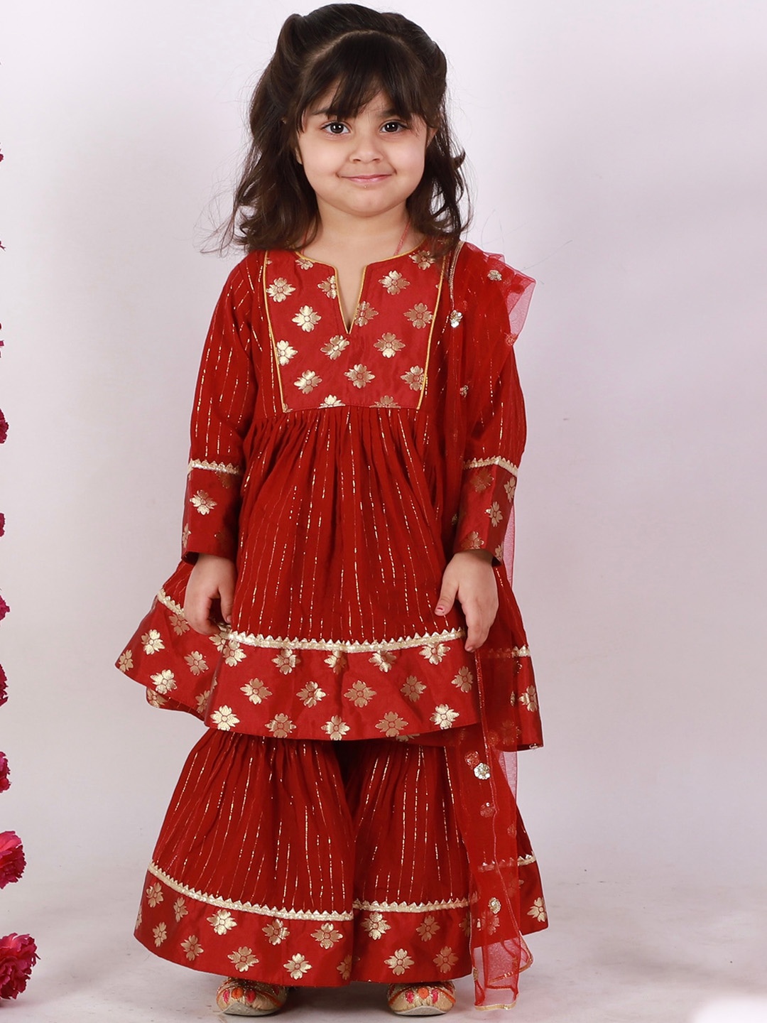 

Little Bansi Girls Maroon Pure Cotton Kurta with Skirt & With Dupatta