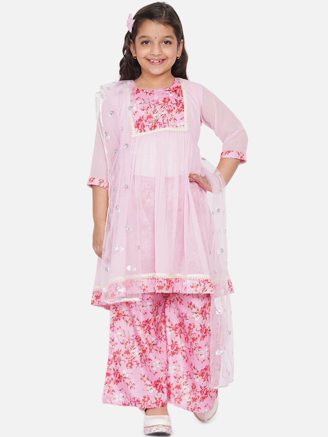 

Little Bansi Girls Pink Floral Panelled Pure Cotton Kurti with Palazzos & With Dupatta