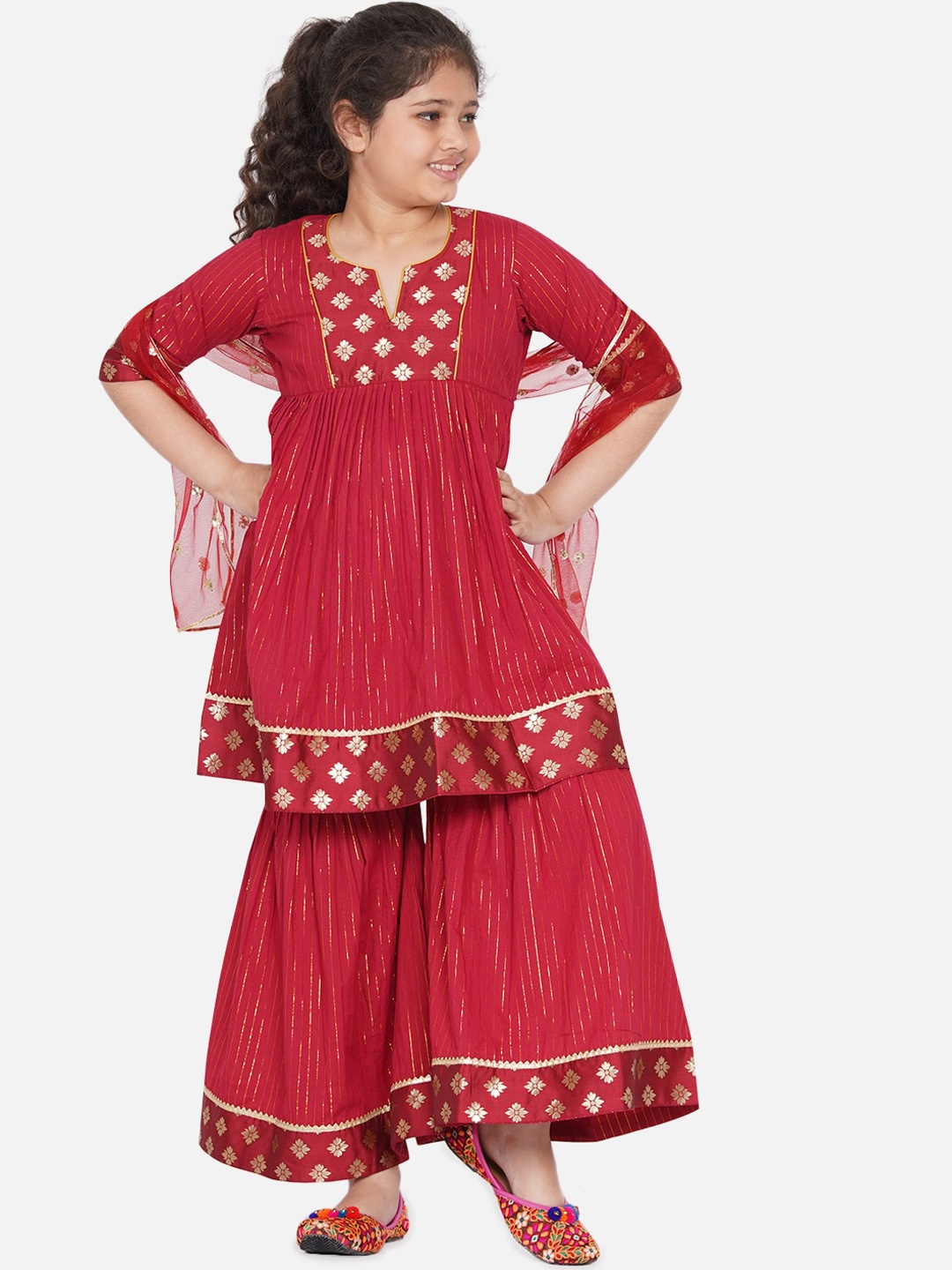 

Little Bansi Girls Red Striped Gotta Patti Brocade Kurti with Sharara & Dupatta