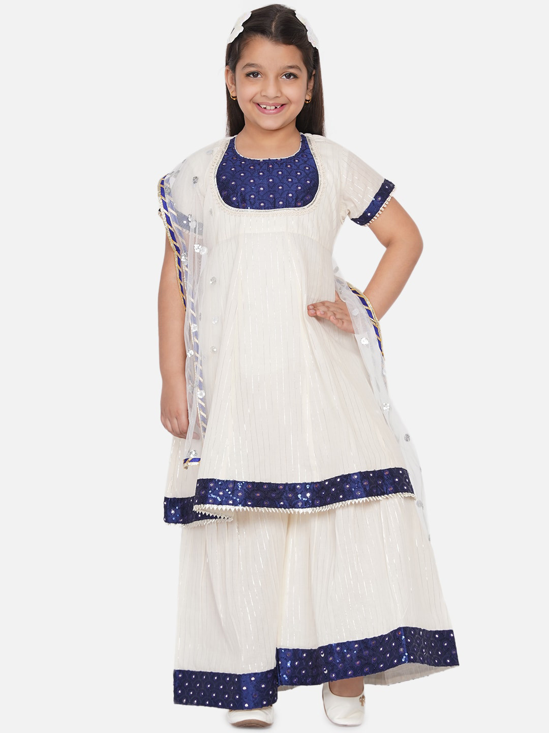 

Little Bansi Girls Cream-Coloured Ethnic Motifs Empire Pure Cotton Kurti with Skirt & With Dupatta