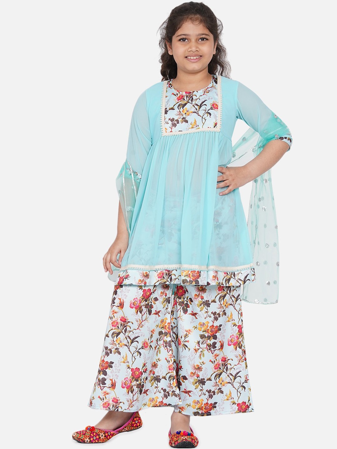 

Little Bansi Girls Blue Floral Embroidered Empire Kurti with Palazzo & Dupatta