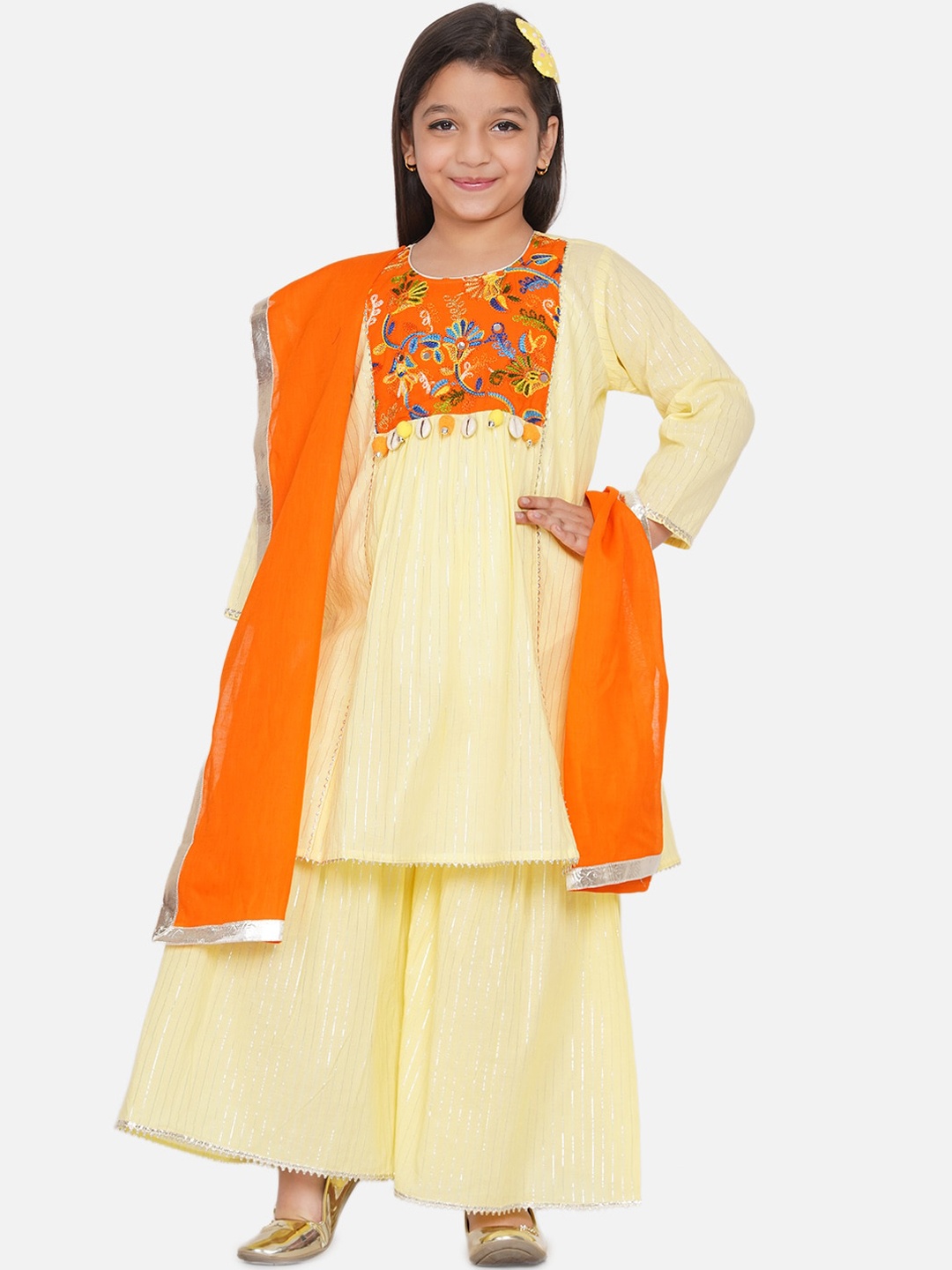 

Little Bansi Girls Yellow Yoke Design Panelled Pure Cotton Kurti with Palazzos & With Dupatta