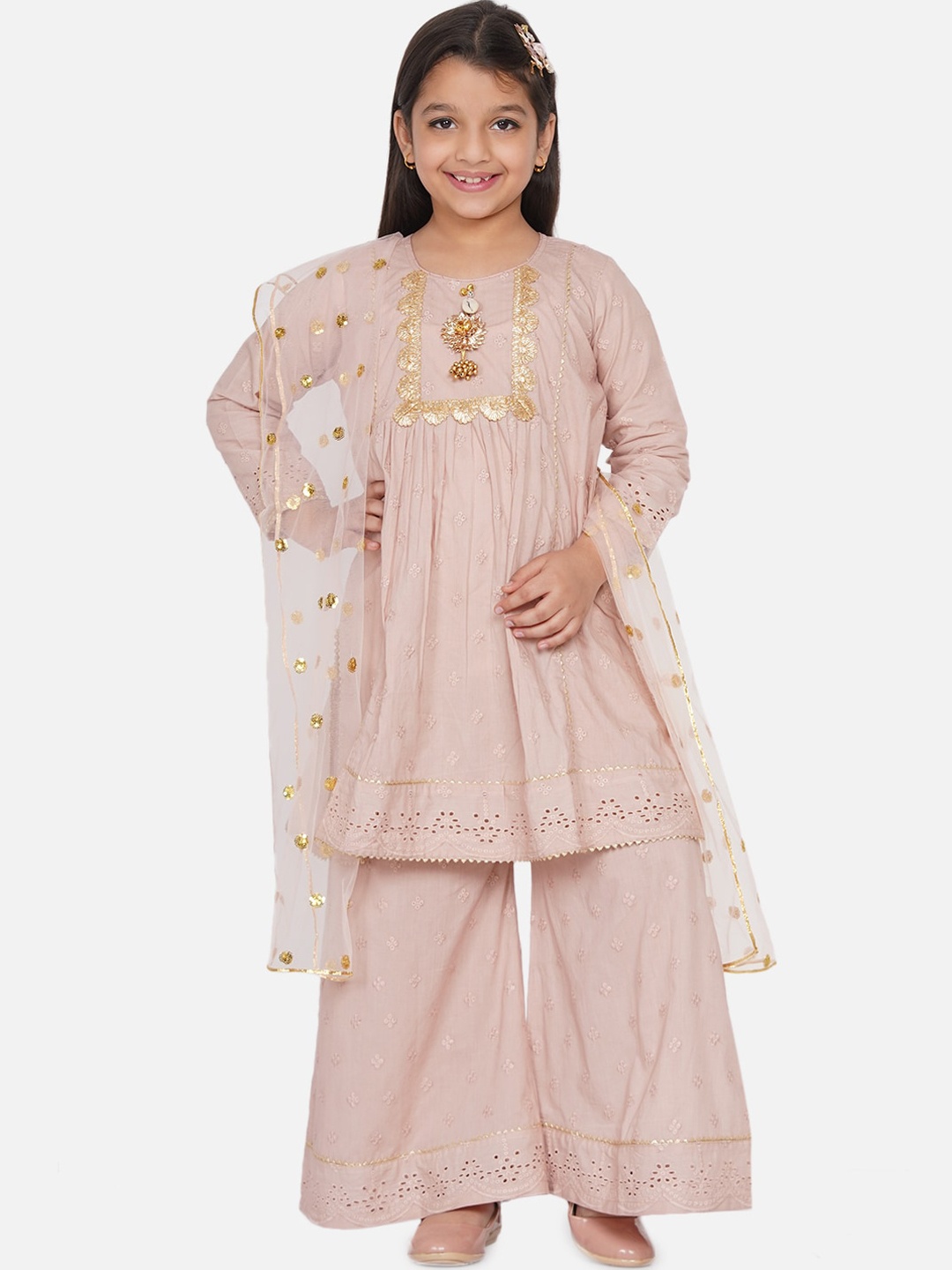 

Little Bansi Girls Brown Pleated Pure Cotton Kurti with Sharara & With Dupatta