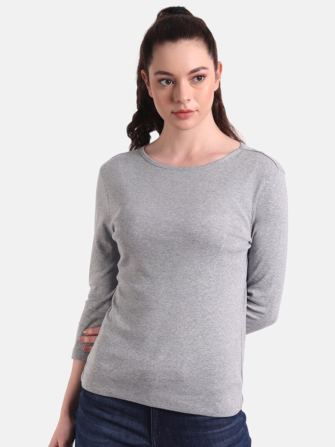

United Colors of Benetton Women Grey Regular Fit Cotton T-shirt