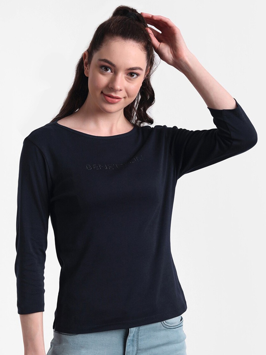 

United Colors of Benetton Women Navy Blue High Neck Drop-Shoulder Sleeves T-shirt